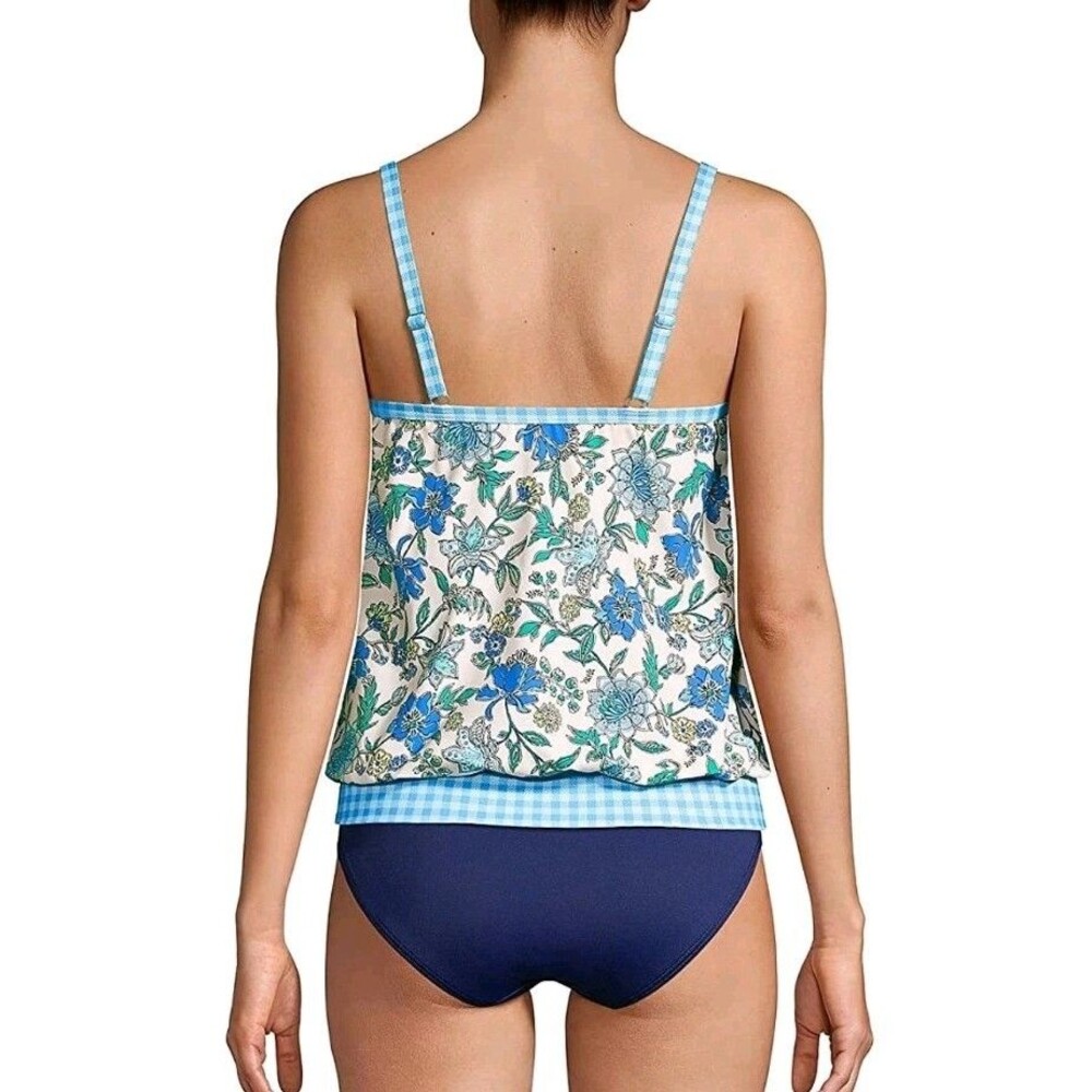 Lands' End Blouson Tankini Swim Top Sz 14 Blue Floral Paisley Gingham Pool Beach - Picture 2 of 12